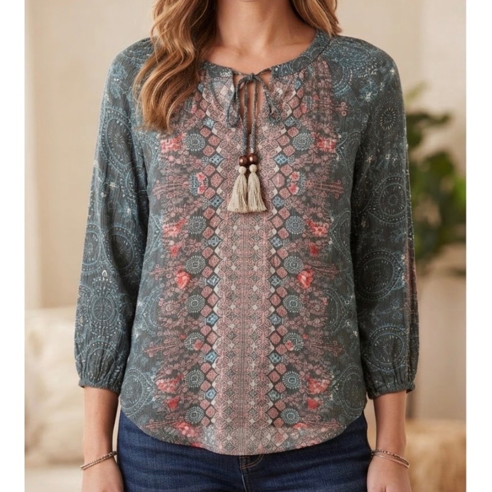 Mason & Belle Olive Green Paisley Floral Tassel Peasant Top Small JFW58960M21